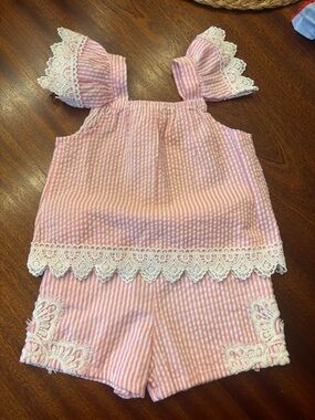Rare Editions Pink and White Seersucker with Lace Trim Girls Matching Set